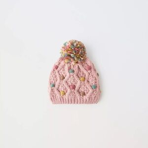 Zara EMBROIDERED POMPOM KNIT HAT & MITTENS